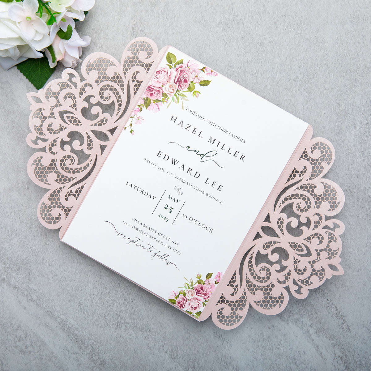 PONATIA 20 PCS Blush Pink Laser Cut Invitation Cards with Ribbons and Rhinestone Pearls