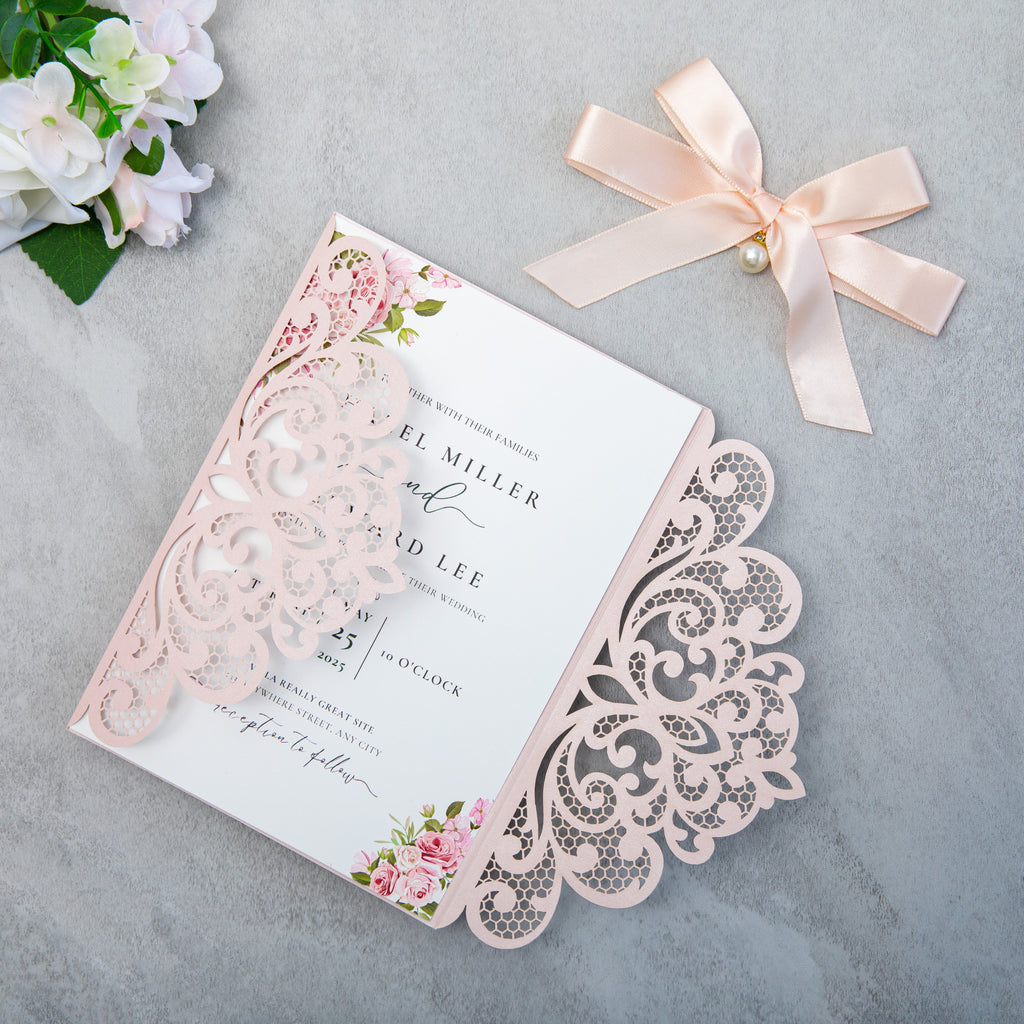 PONATIA 20 PCS Blush Pink Laser Cut Invitation Cards with Ribbons and Rhinestone Pearls