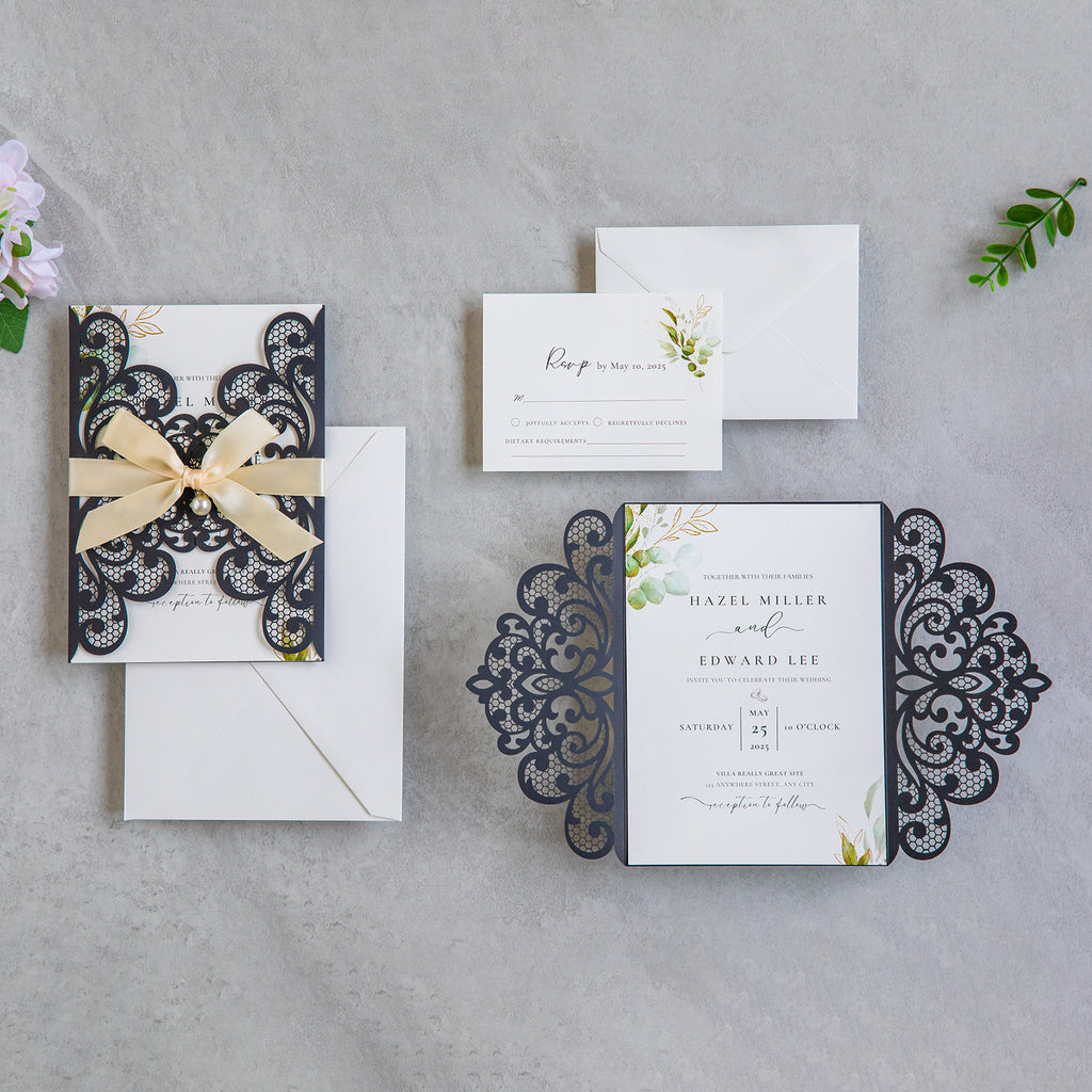 PONATIA 20 PCS Black Laser Cut Invitation Cards with Ribbons and Rhinestone Pearls