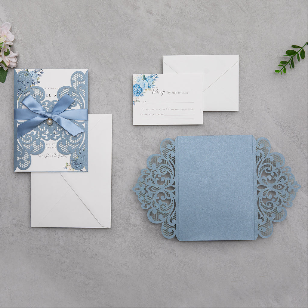 PONATIA 20 PCS Dusty Blue Laser Cut Invitation Cards with Ribbons and Rhinestone Pearls