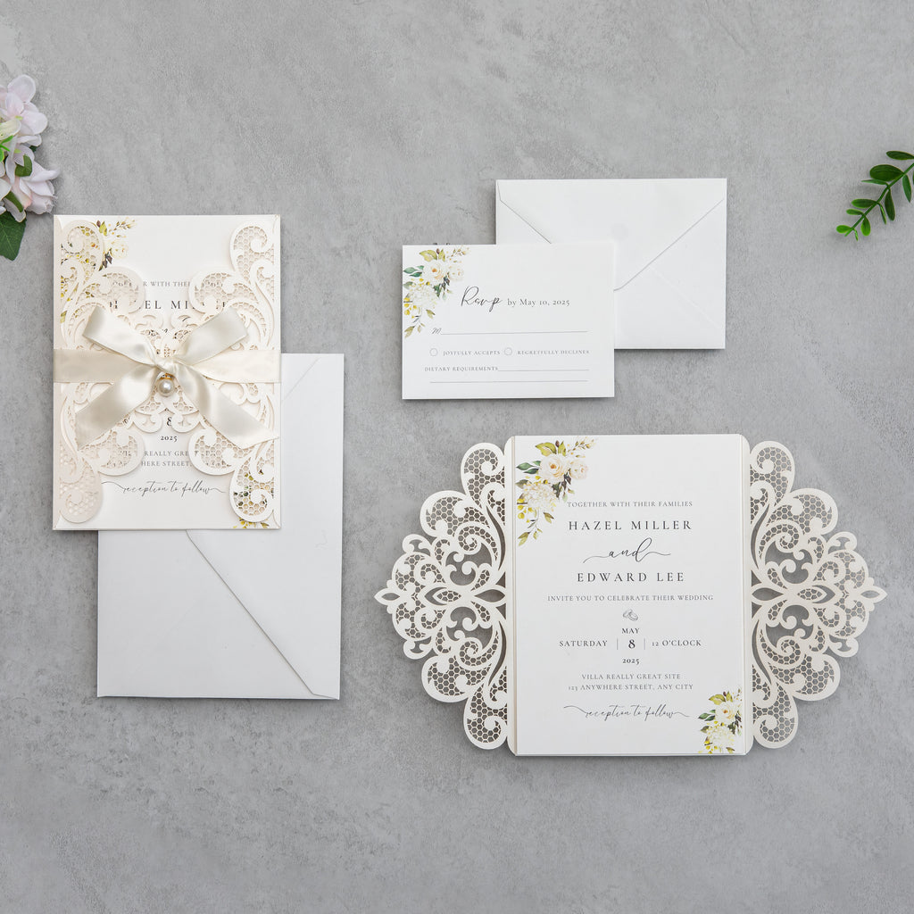 PONATIA 20 PCS Ivory Laser Cut Invitation Cards with Ribbons and Rhinestone Pearls