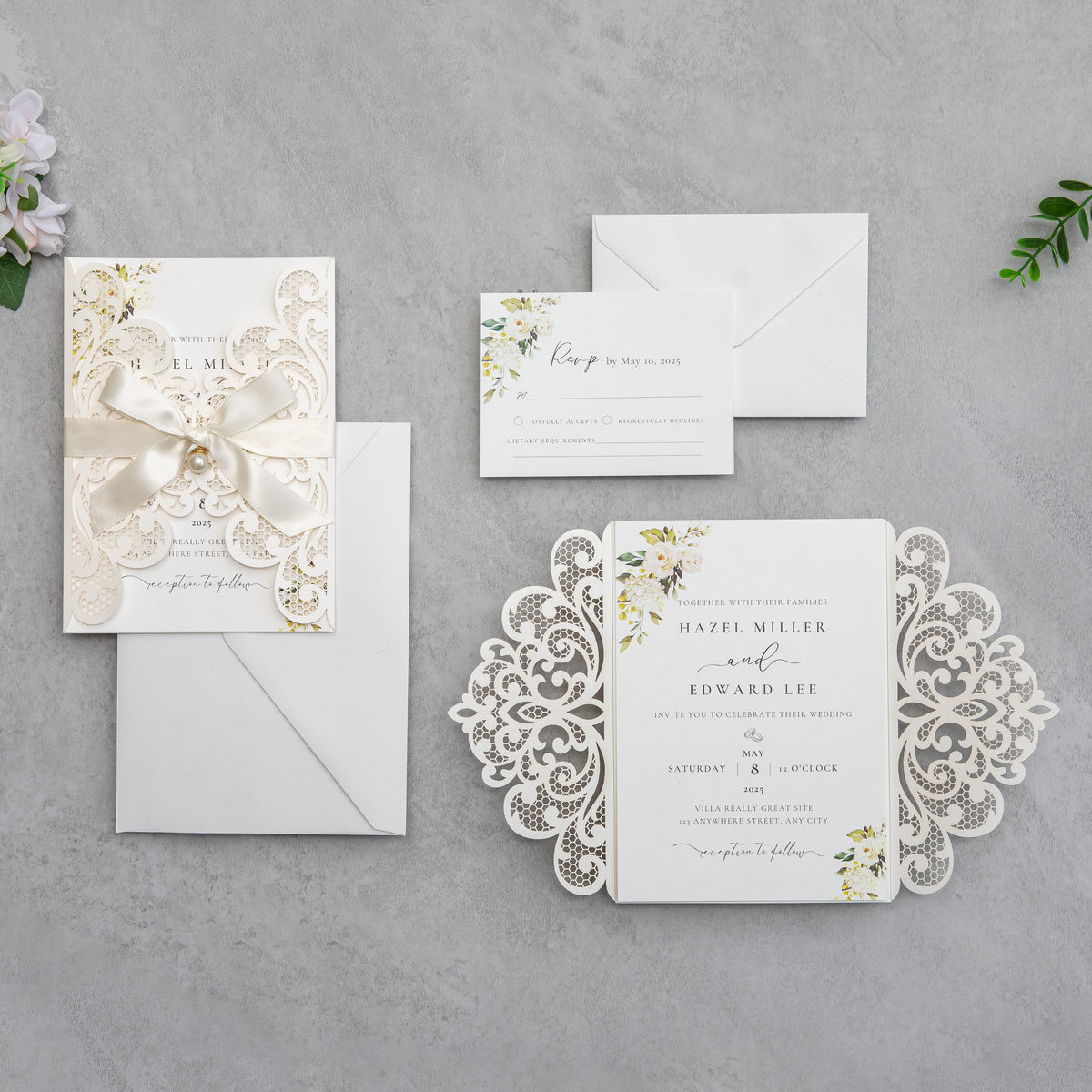 PONATIA 20 PCS Ivory Laser Cut Invitation Cards with Ribbons and Rhinestone Pearls
