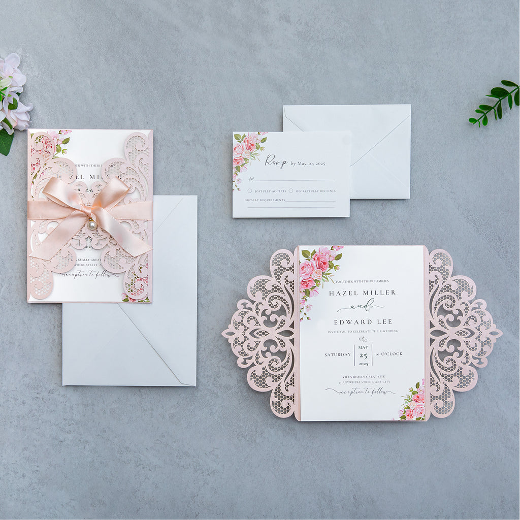 PONATIA 20 PCS Blush Pink Laser Cut Invitation Cards with Ribbons and Rhinestone Pearls