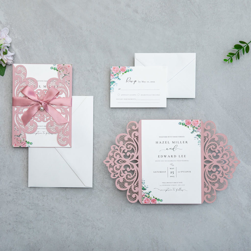 PONATIA 20 PCS Dusty Rose Laser Cut Invitation Cards with Ribbons and Rhinestone Pearls
