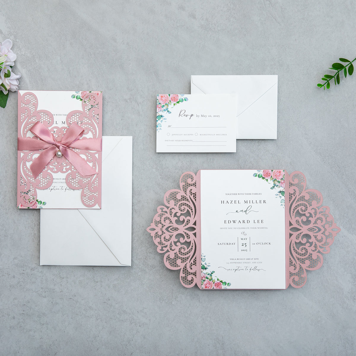PONATIA 20 PCS Dusty Rose Laser Cut Invitation Cards with Ribbons and Rhinestone Pearls
