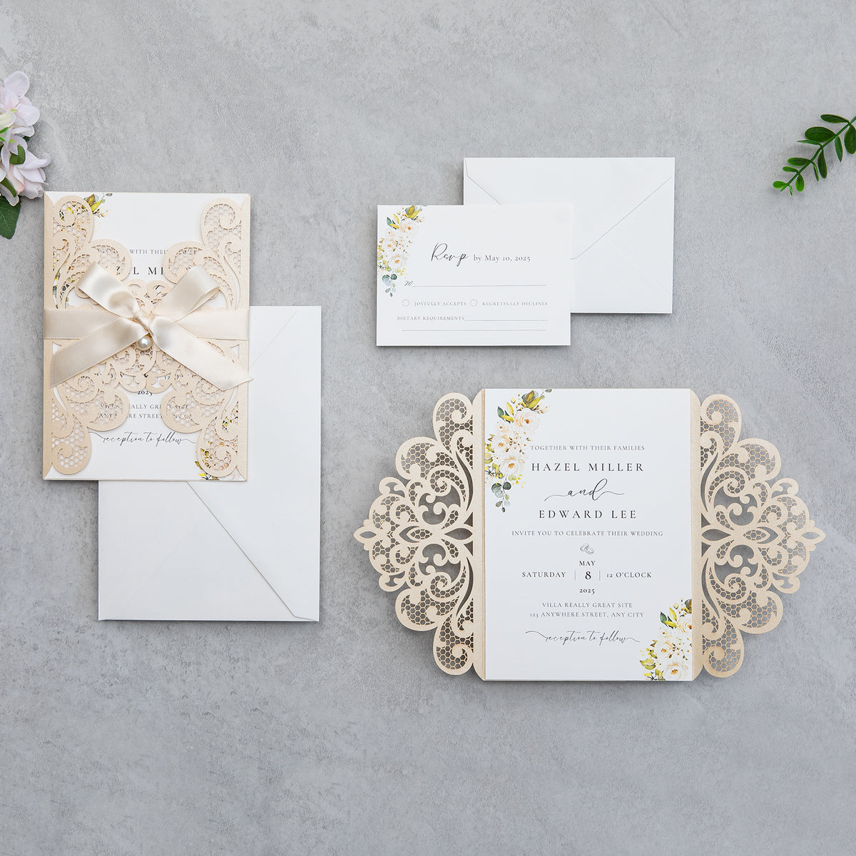 PONATIA 20 PCS Champagne Laser Cut Invitation Cards with Ribbons and Rhinestone Pearls