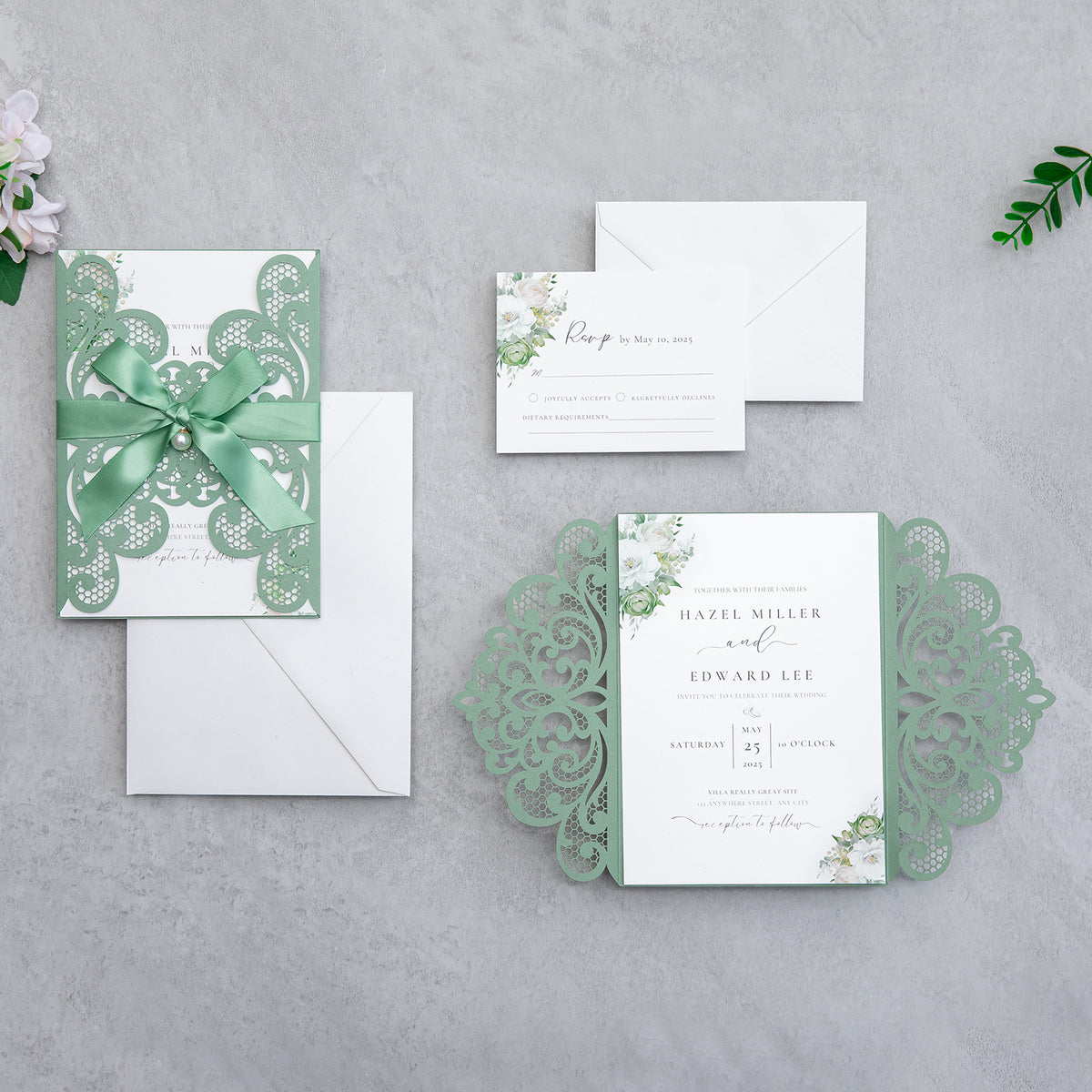 PONATIA 20 PCS Sage Green Laser Cut Invitation Cards with Ribbons and Rhinestone Pearls
