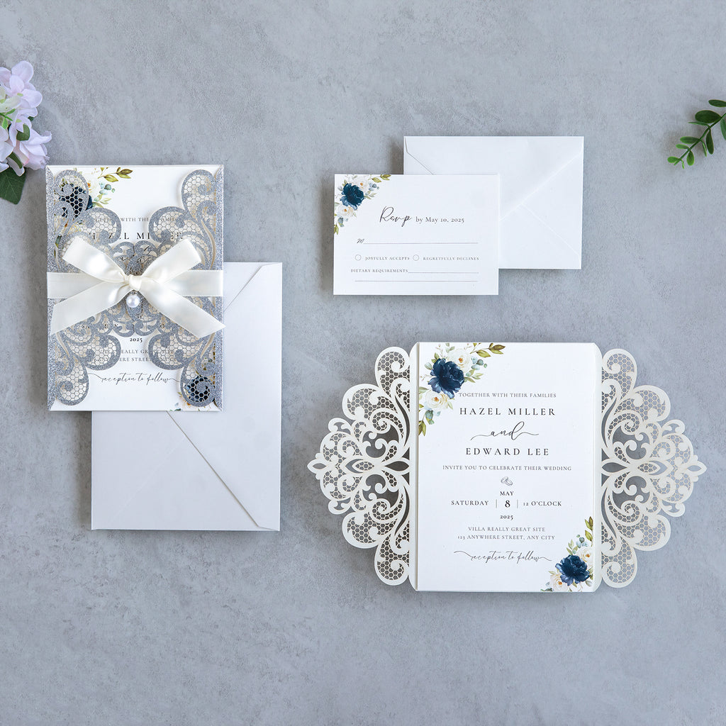 PONATIA 20 PCS Sliver Laser Cut Invitation Cards with Ribbons and Rhinestone Pearls