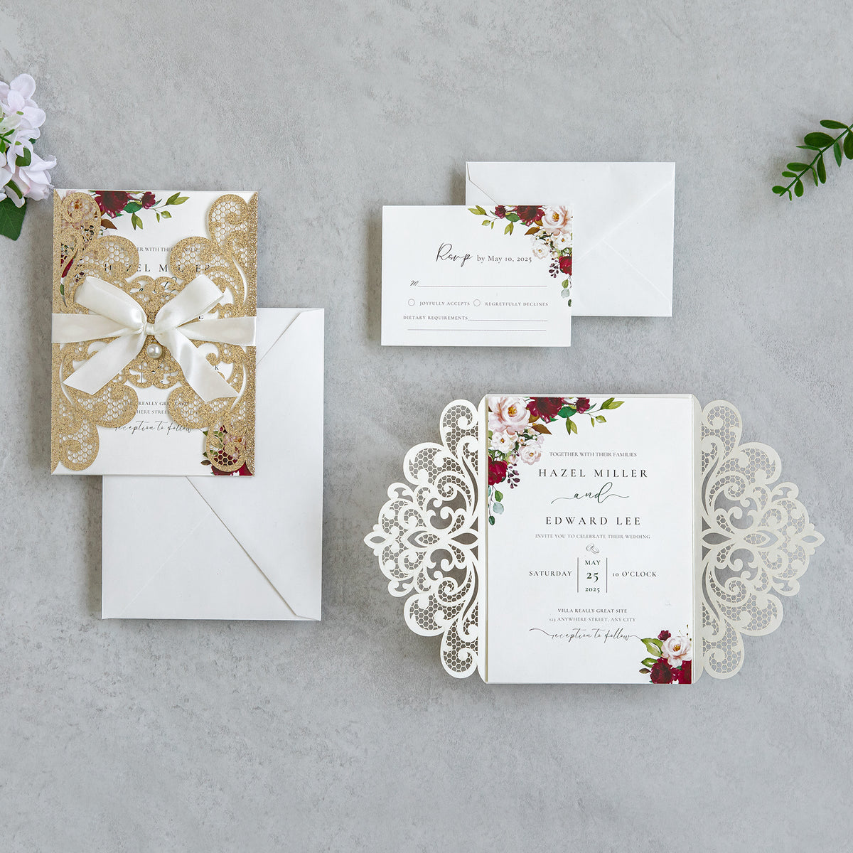 PONATIA 20 PCS Gold Glitter Laser Cut Invitation Cards with Ribbons and Rhinestone Pearls