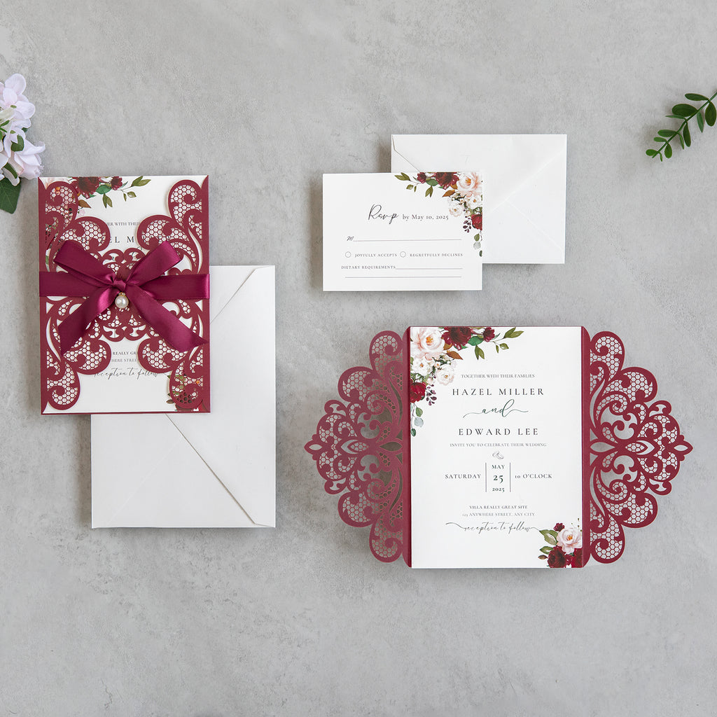 PONATIA 20 PCS Burgundy Laser Cut Invitation Cards with Ribbons and Rhinestone Pearls