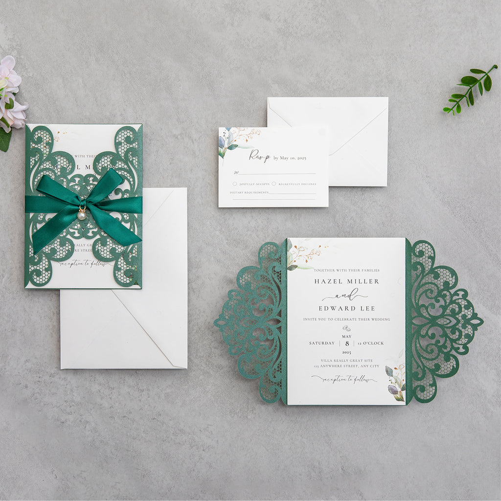 PONATIA 20 PCS Emerald Green Laser Cut Invitation Cards with Ribbons and Rhinestone Pearls
