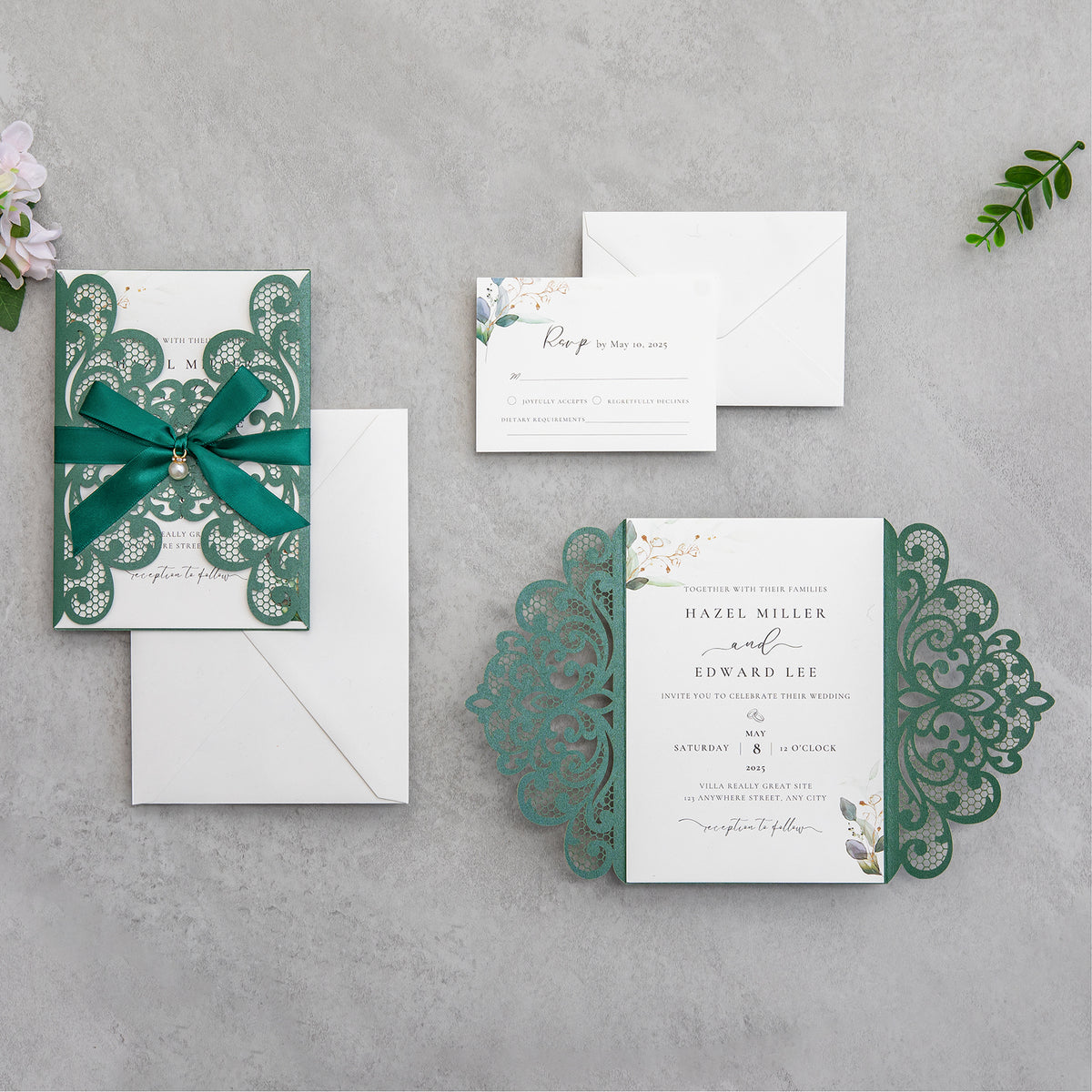PONATIA 20 PCS Emerald Green Laser Cut Invitation Cards with Ribbons and Rhinestone Pearls