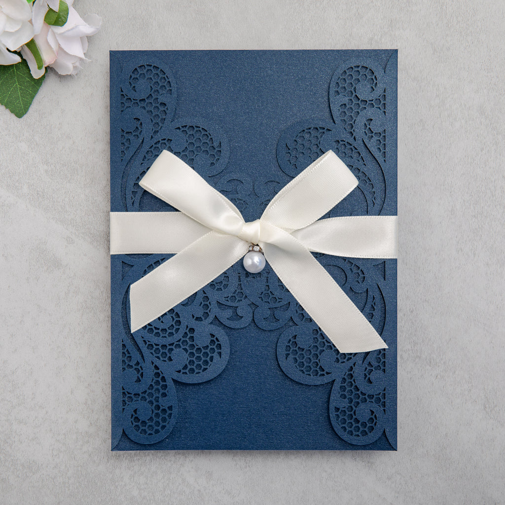 PONATIA 20 PCS Navy Blue Laser Cut Invitation Cards with Ribbons and Rhinestone Pearls