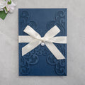 PONATIA 20 PCS Navy Blue Laser Cut Invitation Cards with Ribbons and Rhinestone Pearls