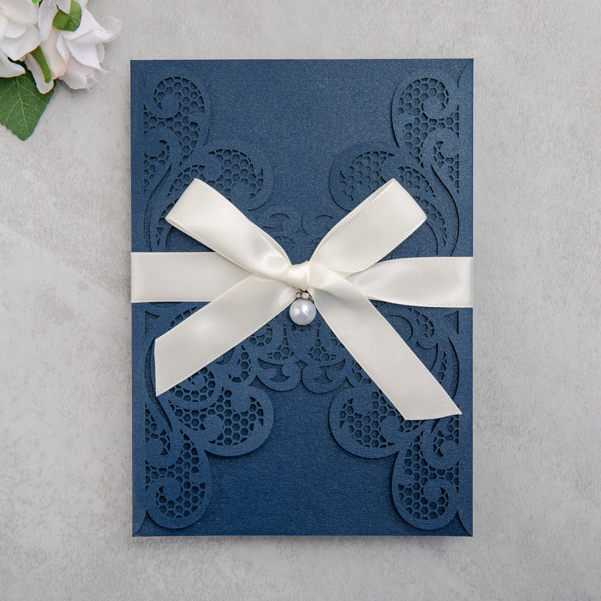 PONATIA 20 PCS Navy Blue Laser Cut Invitation Cards with Ribbons and Rhinestone Pearls