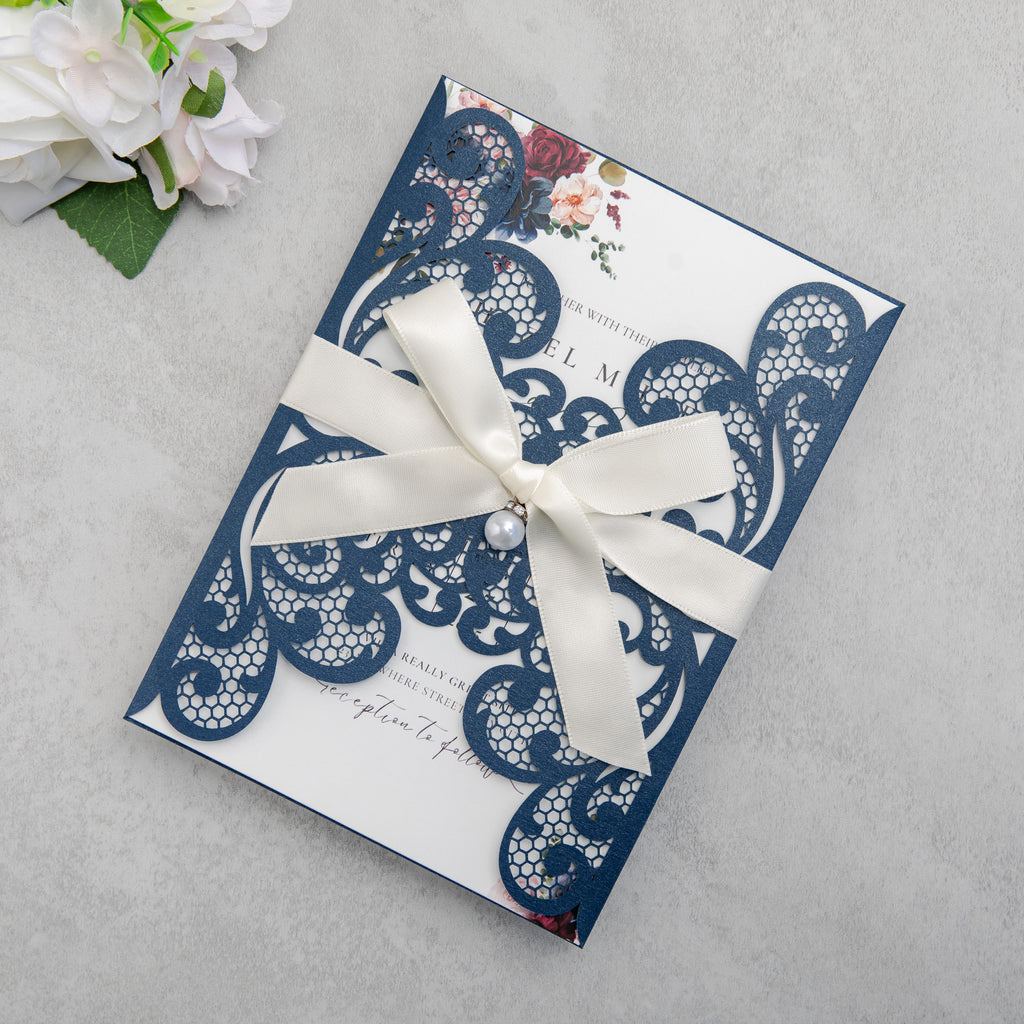 PONATIA 20 PCS Navy Blue Laser Cut Invitation Cards with Ribbons and Rhinestone Pearls