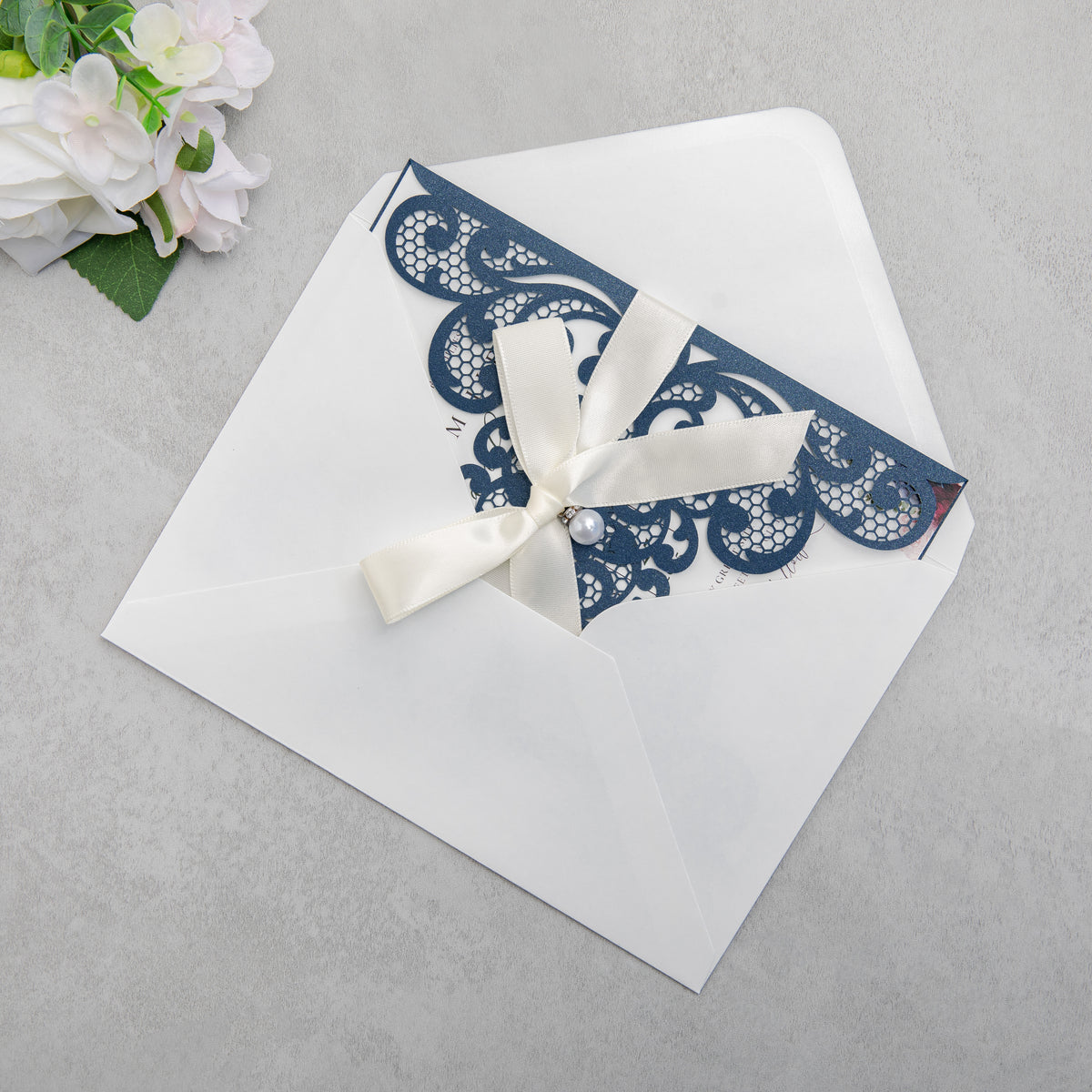 PONATIA 20 PCS Navy Blue Laser Cut Invitation Cards with Ribbons and Rhinestone Pearls