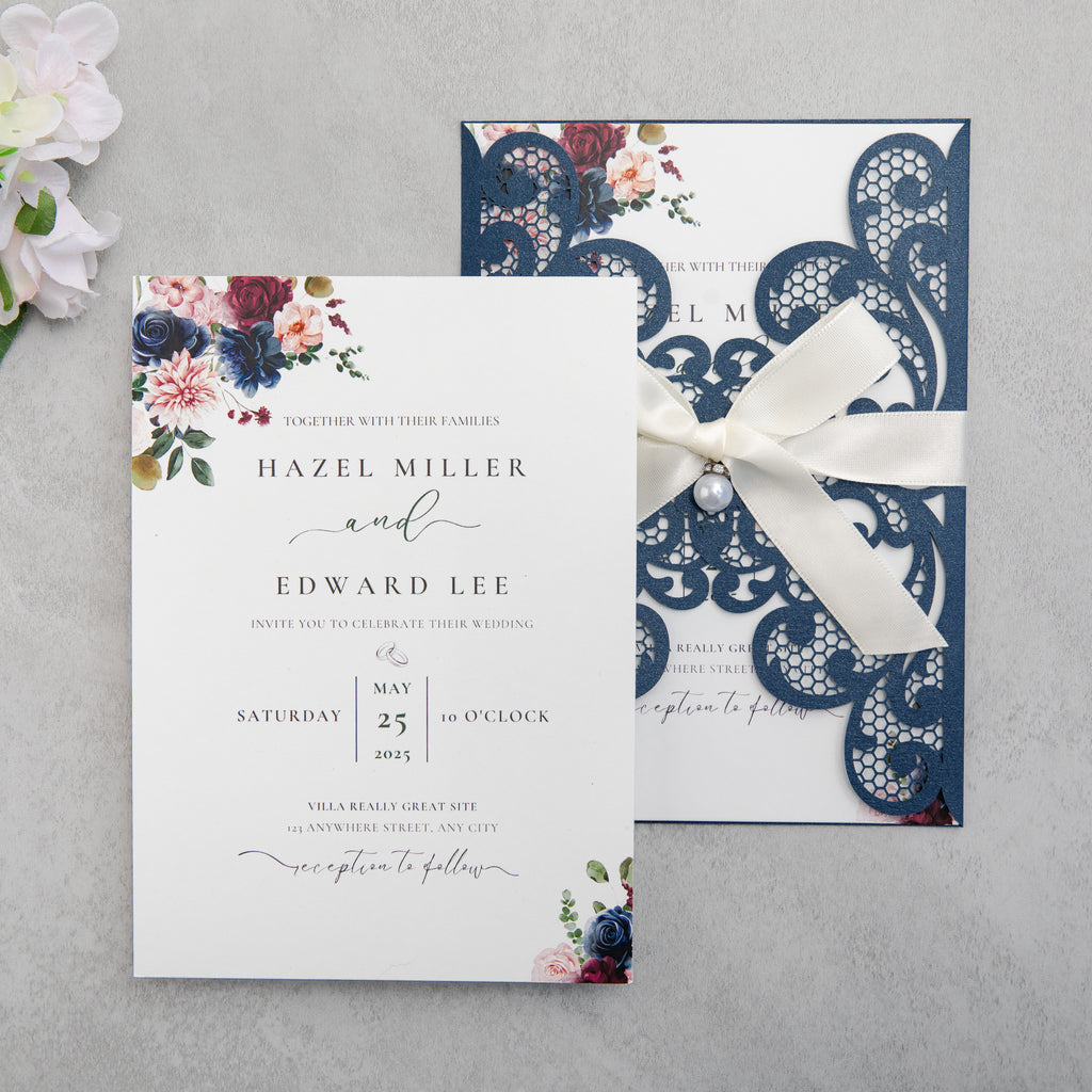 PONATIA 20 PCS Navy Blue Laser Cut Invitation Cards with Ribbons and Rhinestone Pearls