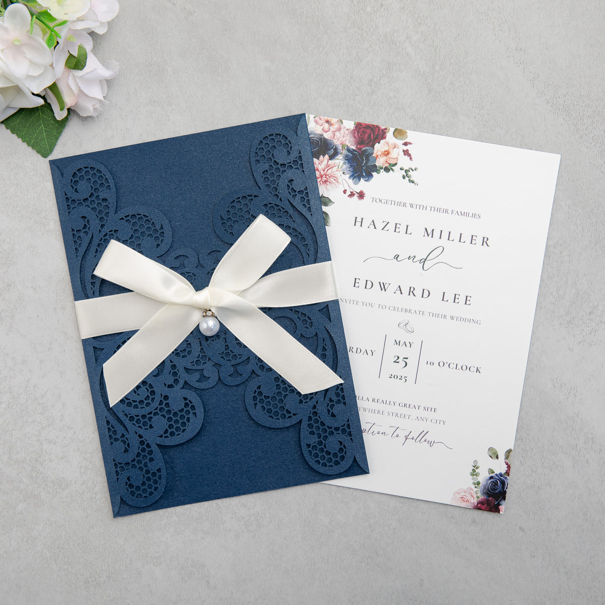 PONATIA 20 PCS Navy Blue Laser Cut Invitation Cards with Ribbons and Rhinestone Pearls