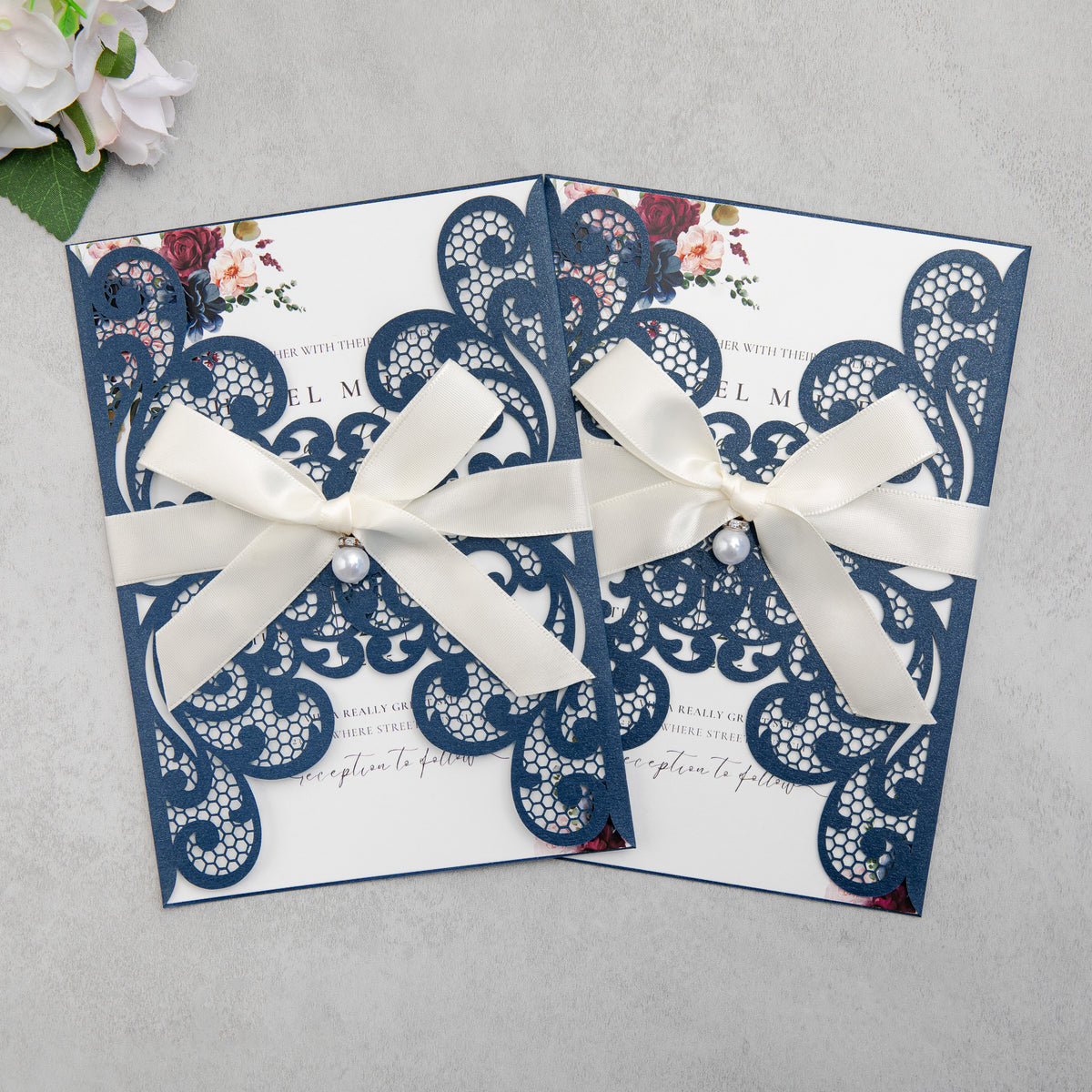 PONATIA 20 PCS Navy Blue Laser Cut Invitation Cards with Ribbons and Rhinestone Pearls