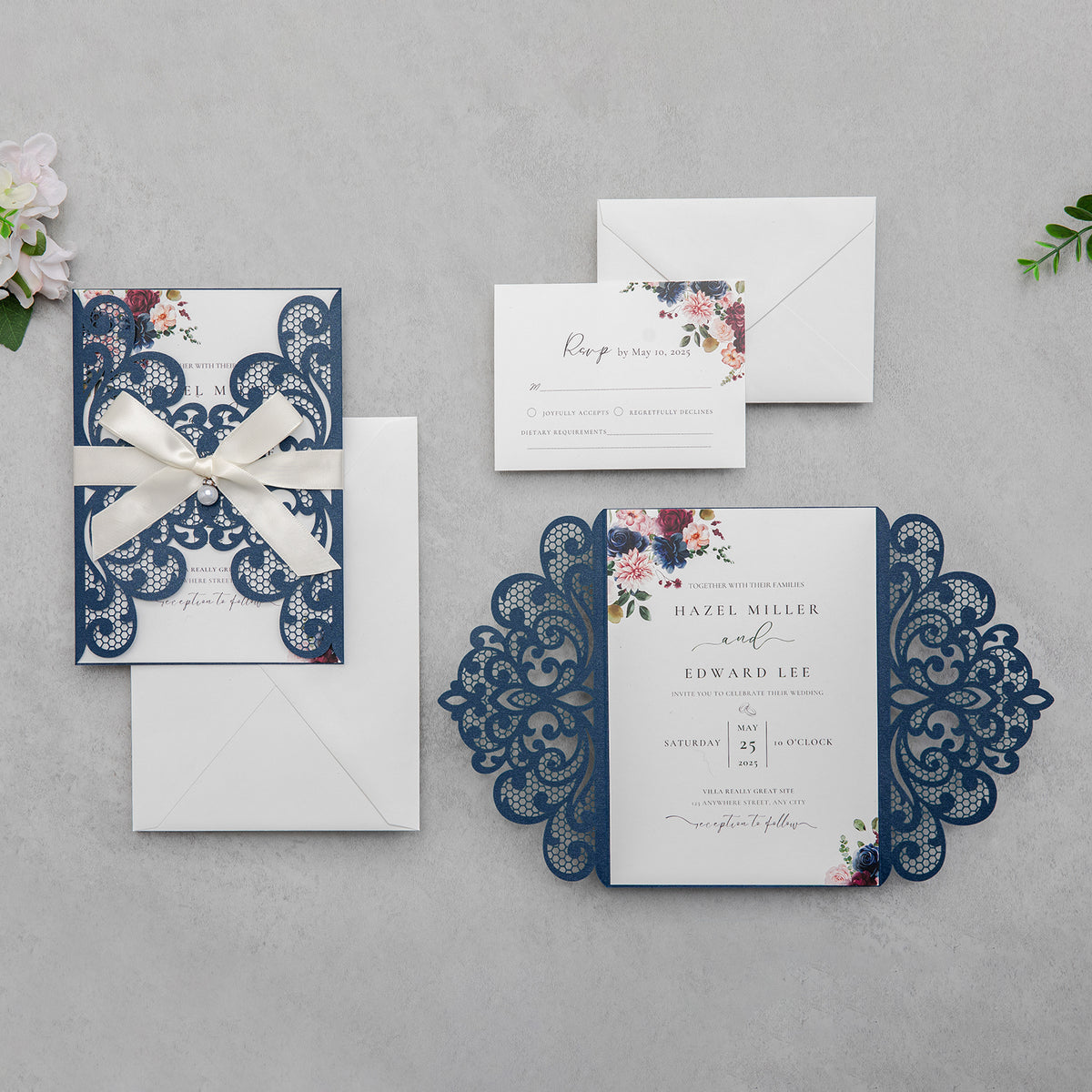 PONATIA 20 PCS Navy Blue Laser Cut Invitation Cards with Ribbons and Rhinestone Pearls