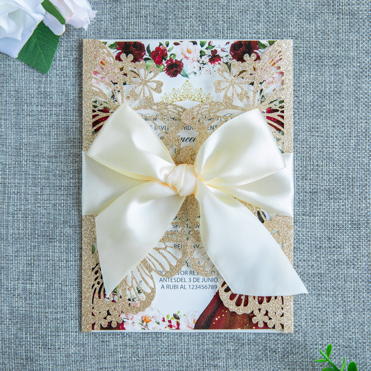 PONATIA Gold Glitter Butterfly Quinceanera Invitation, Laser Cut Wedding Invitation Cards with Envelopes