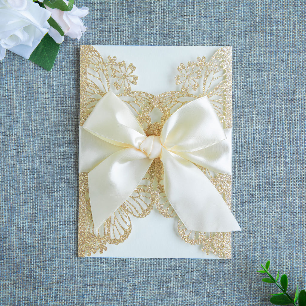 PONATIA Gold Glitter Butterfly Quinceanera Invitation, Laser Cut Wedding Invitation Cards with Envelopes