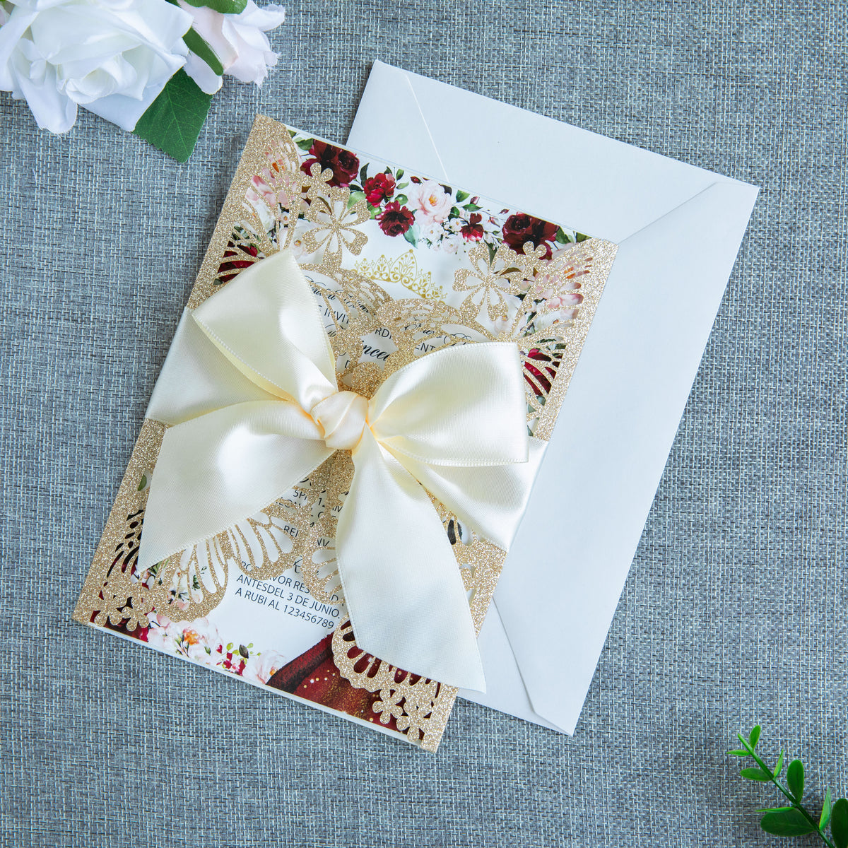 PONATIA Gold Glitter Butterfly Quinceanera Invitation, Laser Cut Wedding Invitation Cards with Envelopes