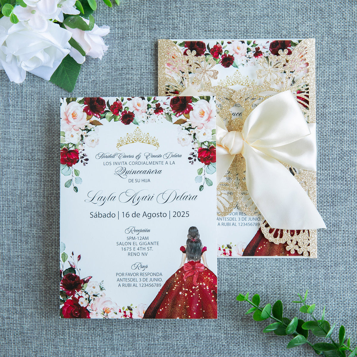 PONATIA Gold Glitter Butterfly Quinceanera Invitation, Laser Cut Wedding Invitation Cards with Envelopes