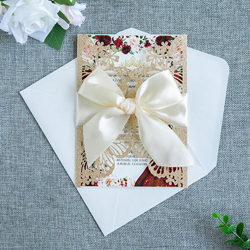 PONATIA Gold Glitter Butterfly Quinceanera Invitation, Laser Cut Wedding Invitation Cards with Envelopes