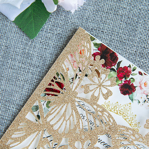 PONATIA Gold Glitter Butterfly Quinceanera Invitation, Laser Cut Wedding Invitation Cards with Envelopes