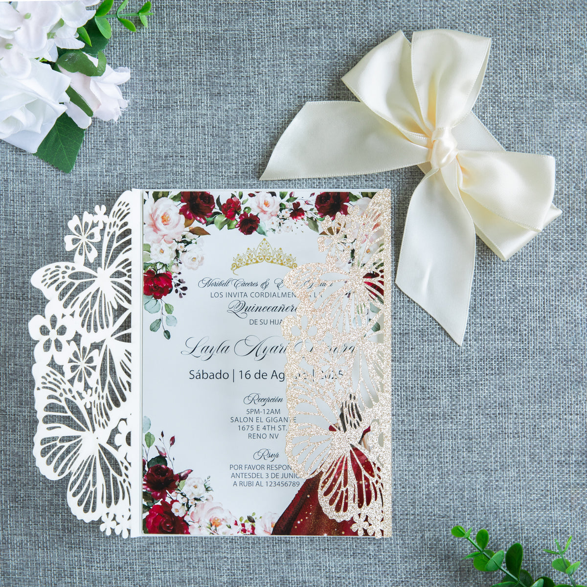 PONATIA Gold Glitter Butterfly Quinceanera Invitation, Laser Cut Wedding Invitation Cards with Envelopes