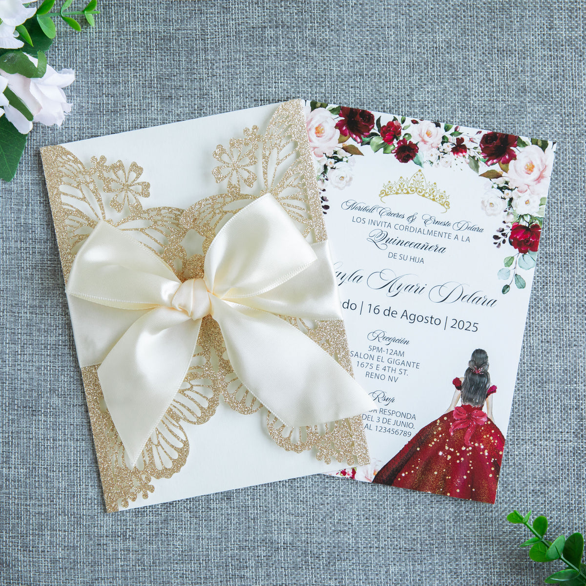 PONATIA Gold Glitter Butterfly Quinceanera Invitation, Laser Cut Wedding Invitation Cards with Envelopes