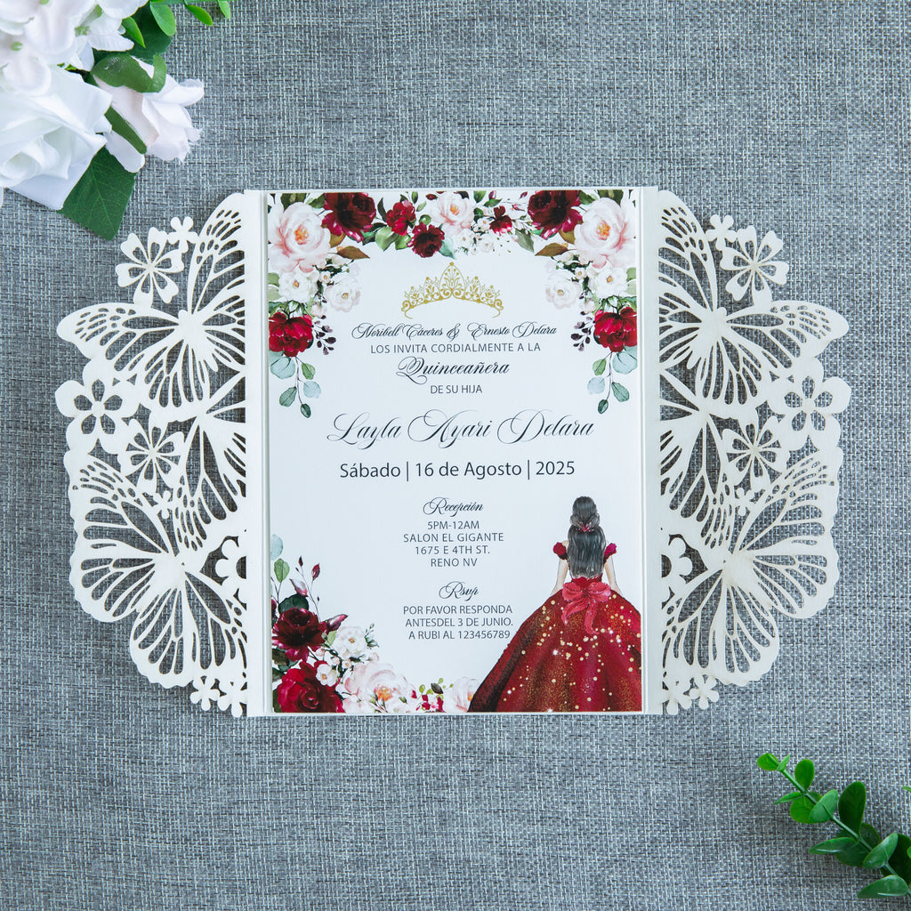 PONATIA Gold Glitter Butterfly Quinceanera Invitation, Laser Cut Wedding Invitation Cards with Envelopes