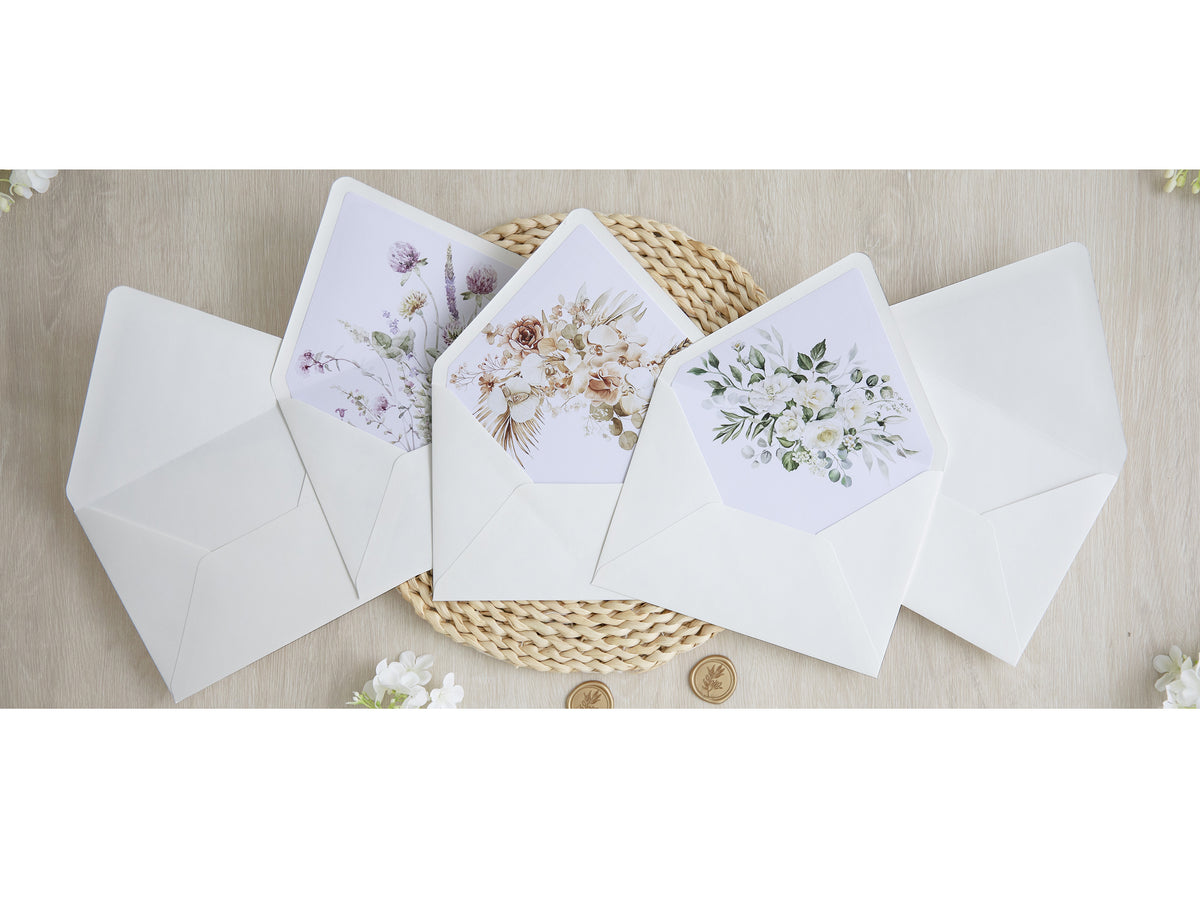 PONATIA 50 Pieces Ivory & Boho Floral Liner Euro Flap Envelopes for  Wedding Invitation Card
