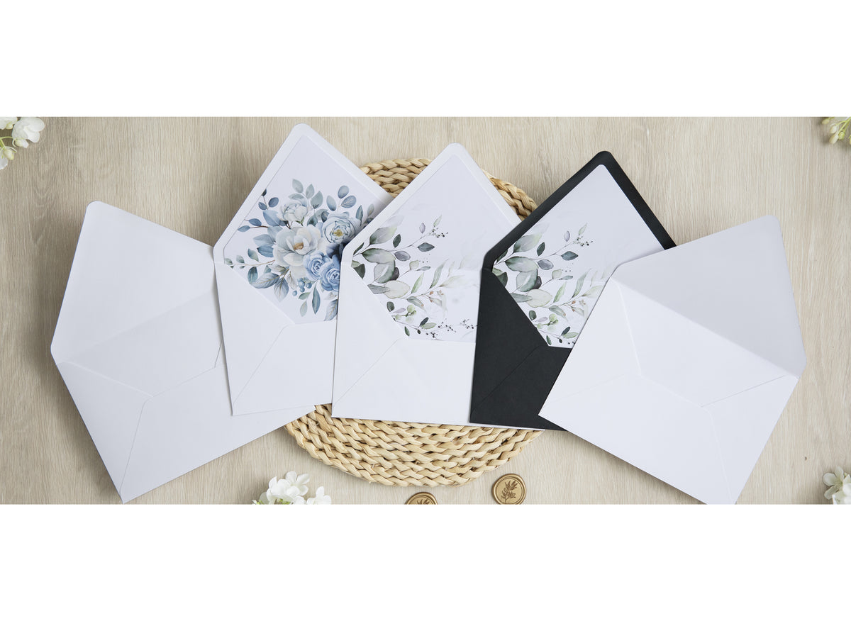 PONATIA 50 Pieces White & Green Leaves Liner Euro Flap Envelopes for  Wedding Invitation Card