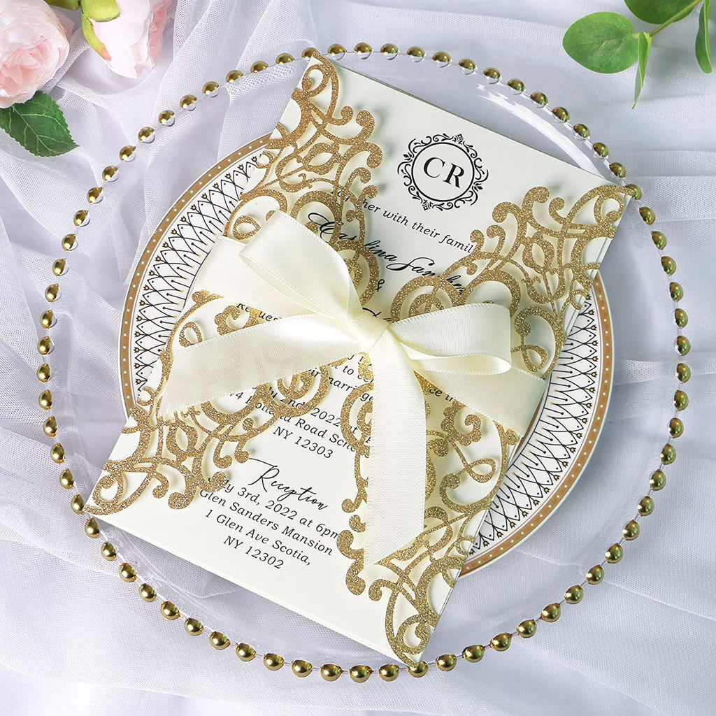 PONATIA Gold Glitter Laser Cut Wedding Invitations Cards with Ivory Bow-knot
