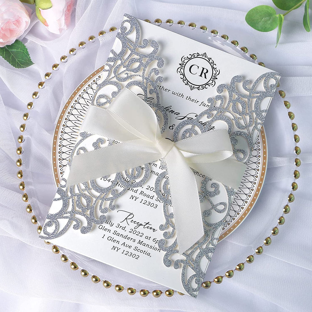 PONATIA Sliver Glitter Laser Cut Wedding Invitations Cards with Ivory Bow-knot