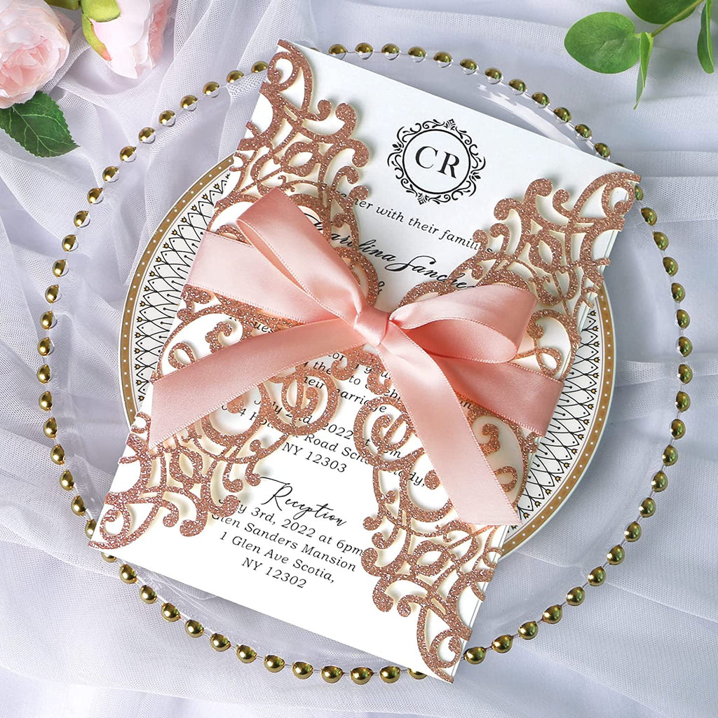PONATIA Rose Glitter Laser Cut Wedding Invitations Cards with Blush Pink Bow-knot