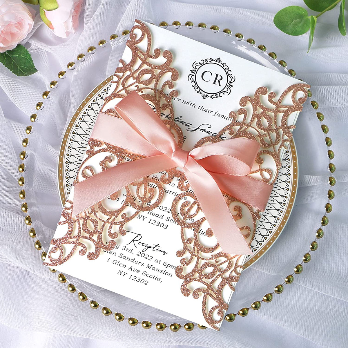 PONATIA Rose Glitter Laser Cut Wedding Invitations Cards with Blush Pink Bow-knot