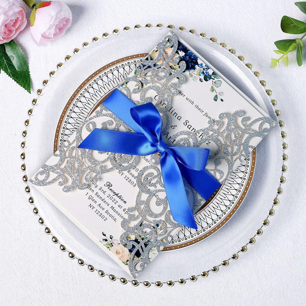 PONATIA Sliver Glitter Laser Cut Wedding Invitations Cards with Royal Blue Bow-knot