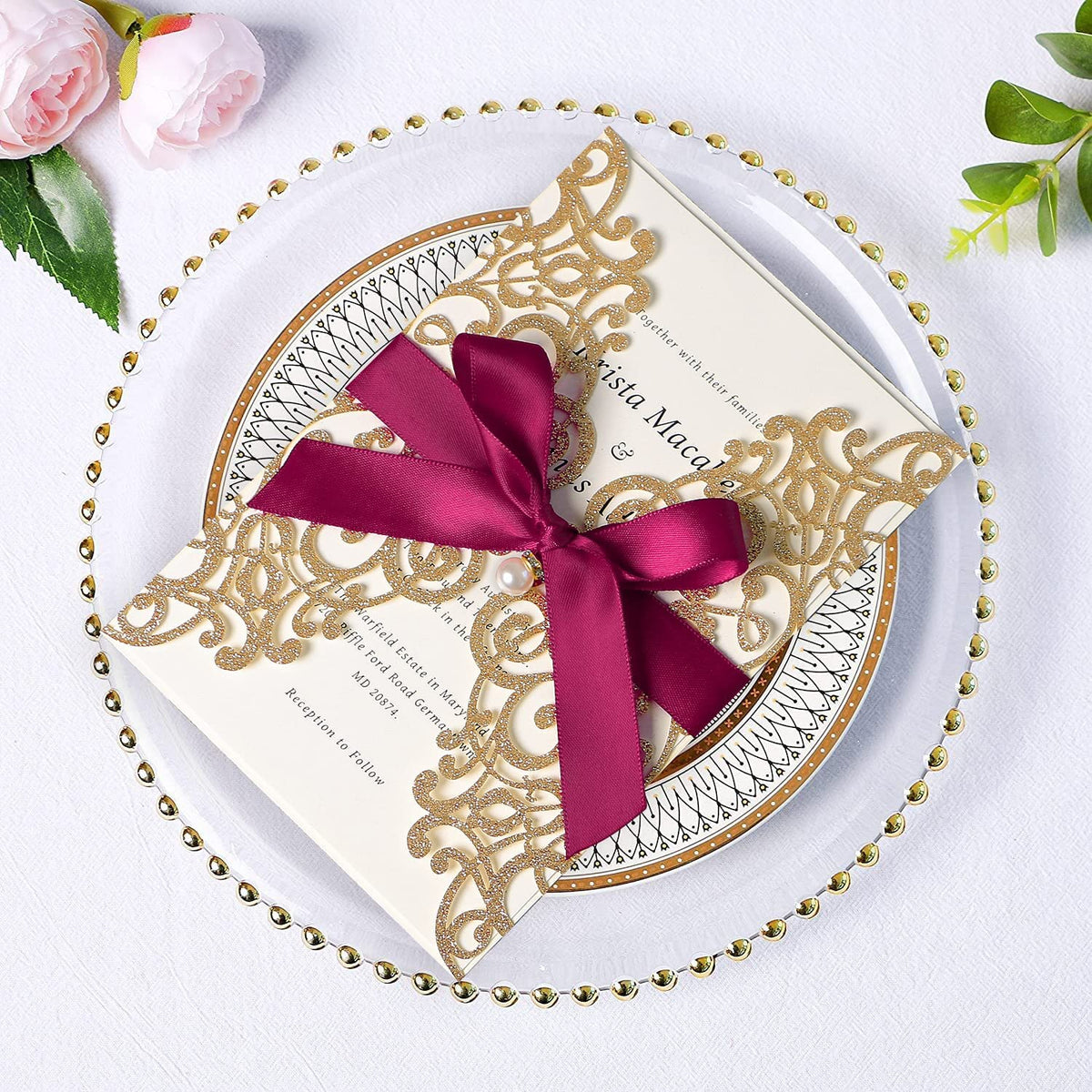 PONATIA Gold Glitter Laser Cut Wedding Invitations Cards with Burgundy Bow-knot