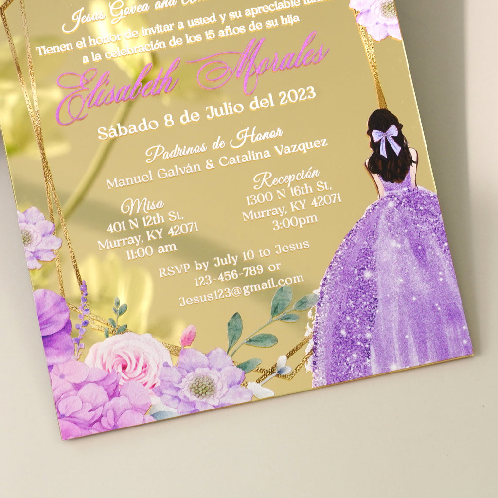PONATIA XV Años Invitations, Gold Mirror Quinceañera Invitation Cards with Envelope-Lilac-2mm/0.7"
