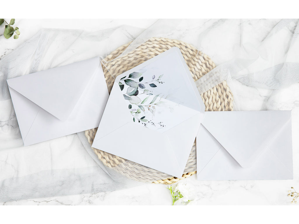 PONATIA 50 Pieces White & Green Leaves Liner Euro Flap Envelopes for  Wedding Invitation Card