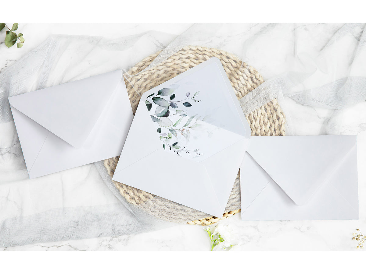 PONATIA 50 Pieces White & Green Leaves Liner Euro Flap Envelopes for  Wedding Invitation Card