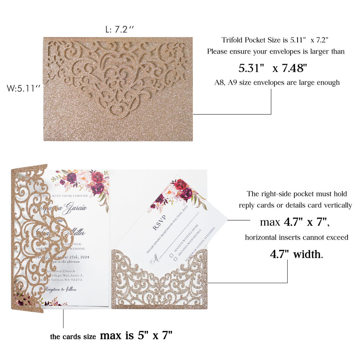 PONATIA  20PCS Gold Glitter Laser Cut Wedding Invitations Pockets