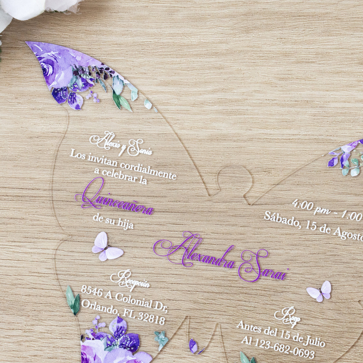PONATIA 1mm/0.04" Lilac Butterfly Clear Acrylic Quinceanera Invitation Card with Envelopes