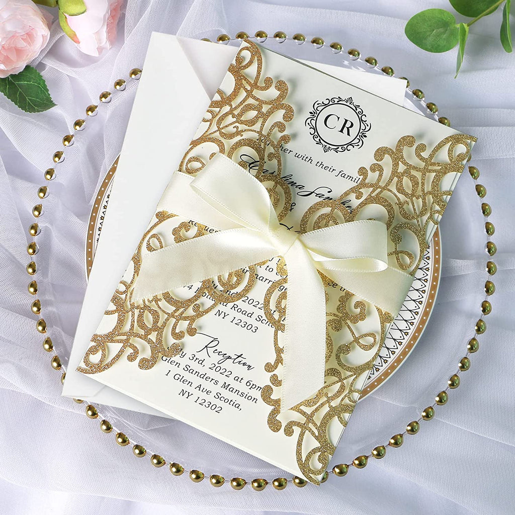 PONATIA Gold Glitter Laser Cut Wedding Invitations Cards with Ivory Bow-knot