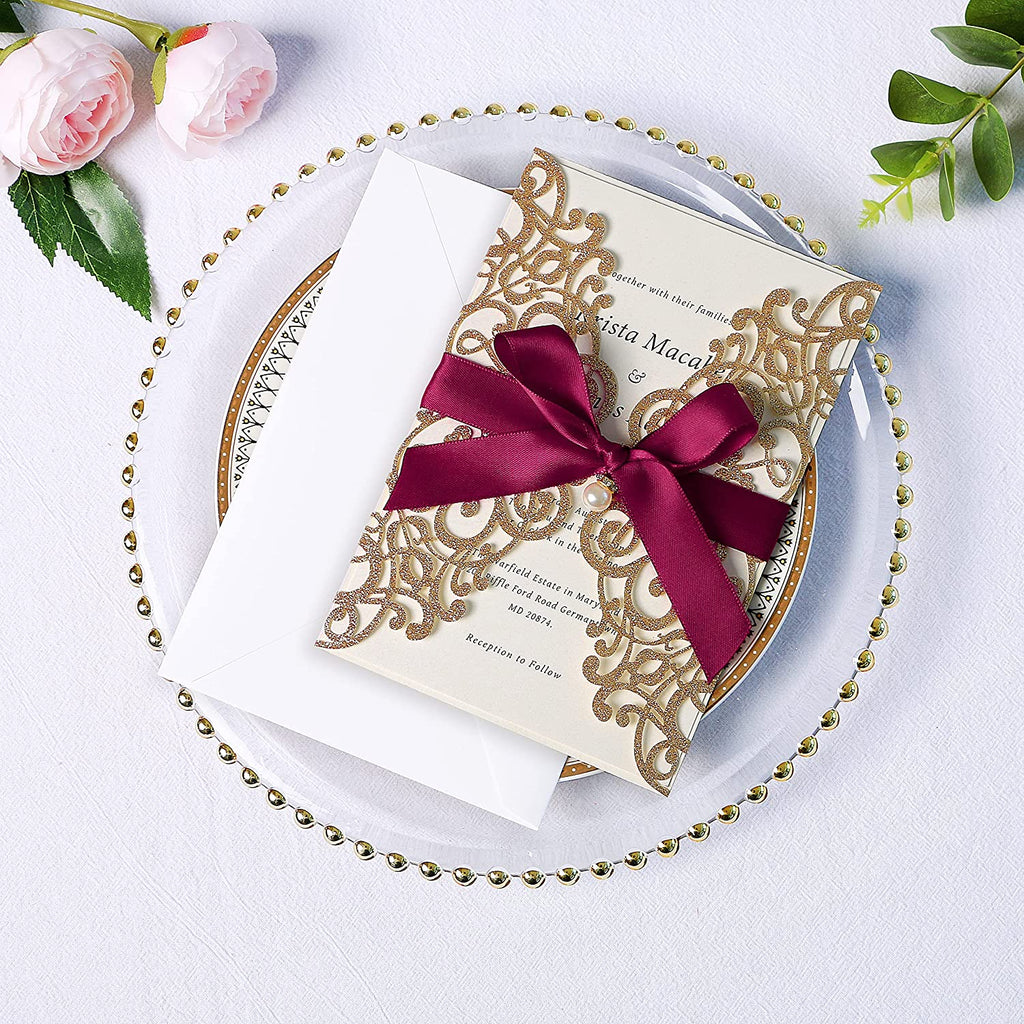 PONATIA Gold Glitter Laser Cut Wedding Invitations Cards with Burgundy Bow-knot