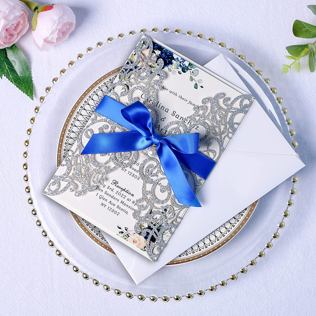 PONATIA Sliver Glitter Laser Cut Wedding Invitations Cards with Royal Blue Bow-knot